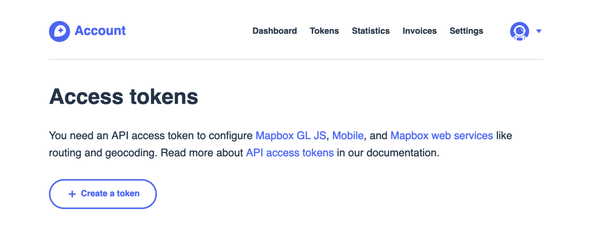Astro JS Location Map: Map box dashboard. Title reads Access tokens. A Create a token button is show.