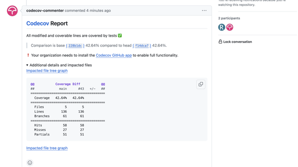 CMake Coverage Example: Screenshot shows a panel on the Git Hub pull request screen.The title reads Codecov Report. A sort explanation is followed by a plain text table, summarizing the coverage results.