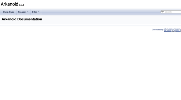 CMake Doxygen Site: Screen capture shows a documentation site skeleton home page. The title reads Arkanoid, followed by the version number: 0.0.1. The menu has Main Page, Classes and Files links. Below the page subheading reads Arkanoid Documentation.