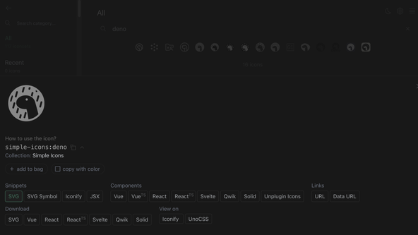 Deno Fresh SVG Sprites: Screen capture shows the Icôones website with the Simple Icons Deno icon selected. The SVG snippet button is highlighted.