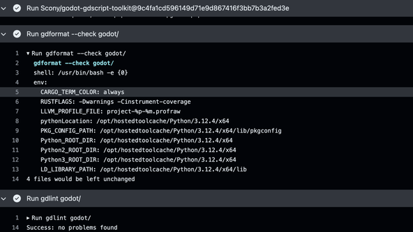 Godot Rust C I: screen capture show log from Git Hub action running godot-g d script-toolkit. g d format output reads 4 files would be left unchanged and g d lint output reads Success: no problems found.