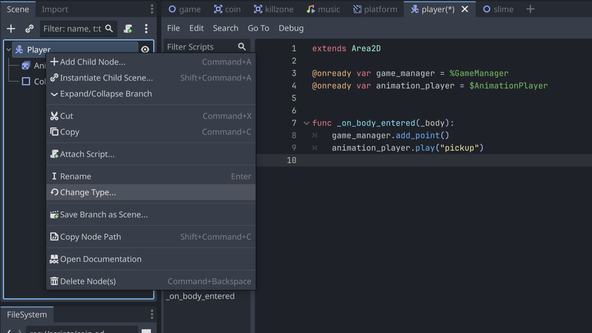 Godot Rust gdext: The screen capture shows Godot Engine. A small window is in focus, in the middle of the screen, with the title "Change Type of Player". In the Search box, below the title, the user has typed "Player". In the tree view, which occupies most of the window, Player is selected, and appears as a child node of Character Body 2 D. A tooltip is also visible and reads "Player"