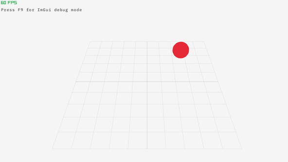 Jolt Physics raylib: screen capture shows a small, red sphere mid-bounce above a larger, flat wireframe grid in three-dimensional perspective. At the top, left of the main panel, text shows the app is rendering at 60 frames per second. Below that, text reads 'Press F 9 for I m G u i debug mode'.
