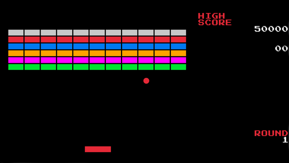 Parsing JSON Game Data: Screen capture shows a retro arcade game with pixelated fonts and bright colours. Bricks are arranged in rows at the top of the screen, each row a different colour, the lowest row is green and the highest silver. Below the brick, a red ball looks like it might be about to collide with one of the green bricks in the lowermost row.