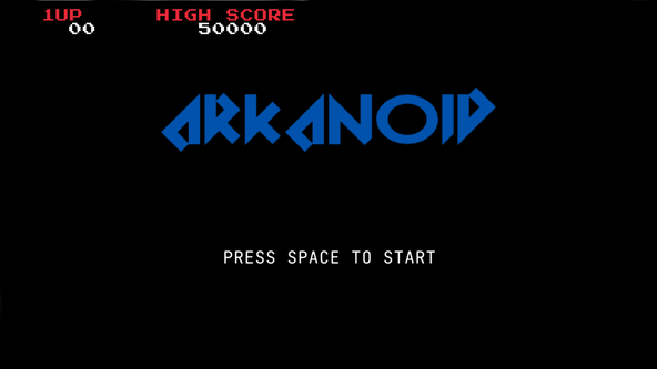 raylib SDF Fonts: Screenshot shows a game title screen. Larger text in the centre reads ARKANOID in capital letters typeset with a large angular font. The edges are not smooth, and are serrated in appearance.