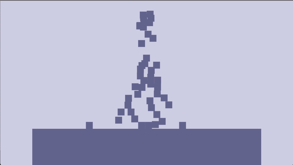 Rust Game Physics Engines: screen capture shows a shower of squares in a 2D animation falling from an origin top and centre of the window. The squares have uniform rotation and stack on a flat surface, below the source.