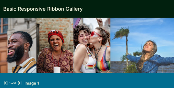 Simple Svelte Responsive Image Gallery: Screenshot: Image shows gallery in short, wide browser window. Three portrait-orientation images and a single landscape-orientation image are shown side-by-side. Below are previous and next controls.