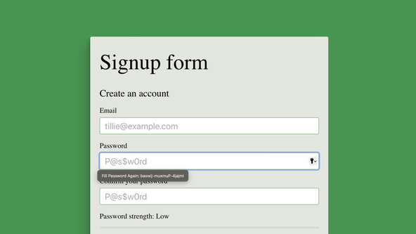 Svelte Login Form Example: Screen capture shows a login form with an added drop down in the password field and an offer to generate and sore a strong password.