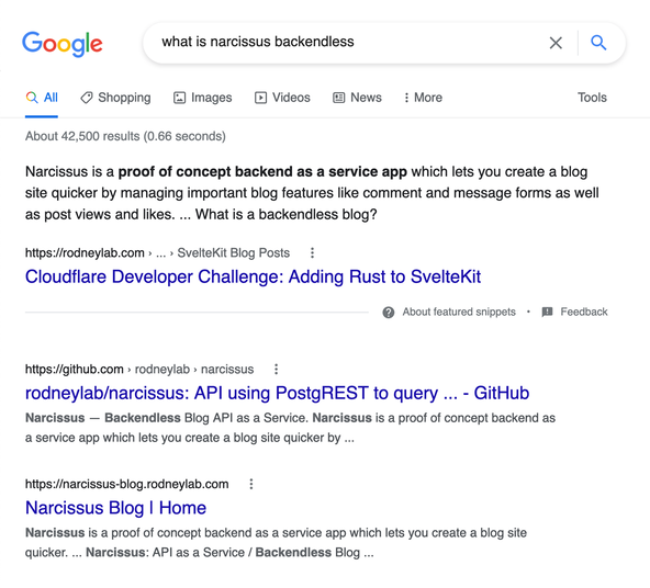 SvelteKit FAQ Page SEO: image search Google result page for the query What is narcissus backendless. At the top of the results is a paragraph of text as a feature snippet directly answering this question.