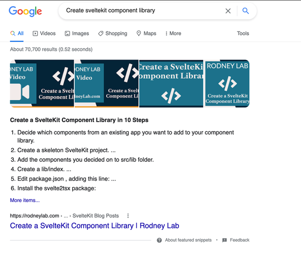 SvelteKit FAQ Page SEO: How To Example capture shows Google search results to query Create Svelte Kit component library. The top result dominates, listing 6 of the 10 steps needed to Create a SvelteKit Component Library.