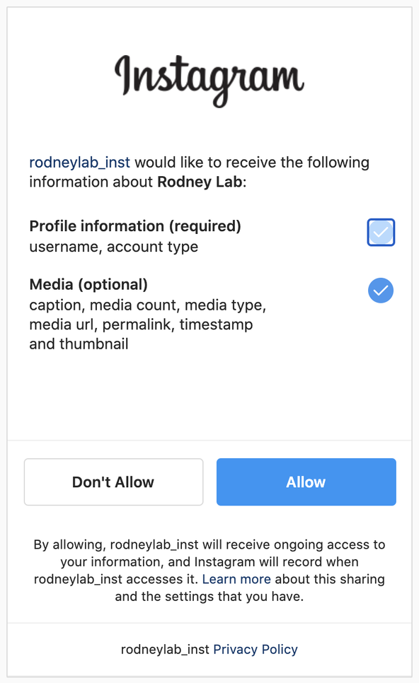 SvelteKit Infinite Scroll: Screenshot: Instagram A P I key: image is a screenshot of an authorization screen. User can select level of authorization and click Allow on Don't Allow.