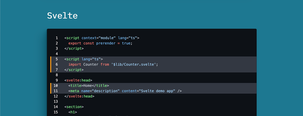 SvelteKit Shiki Syntax Highlighting: Extra Highlighting: Screenshot Svelte code block is highlighted with lines 5-7, 10 & 11 having extra highlighting: they have a lighter background and a coloured tab on the left