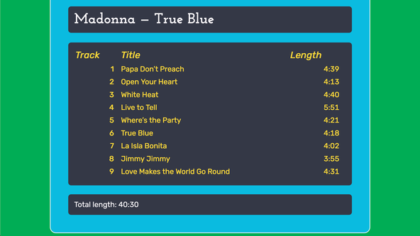 Temporal API Duration: Track Listing: screenshot shows a table of nine track with length displayed for each one and also a total length.