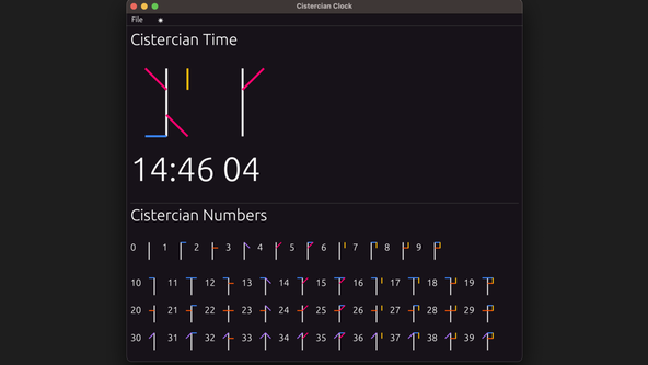 Trying egui: Screenshot shows Cistercian Clock app running, Int he main window, you see the 24-hour clock time as 14:46:04, below that same time represented compactly in colourful lines in Cistercian notation. Further down a section titled Cistercian Numbers offers a cheat sheet for converting between the two number systems.