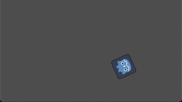 Trying Godot 4: Screen capture shows a game window with a grey background. Towards the bottom left is a the Godot icon (a pixelated robot head in blue). The icon is tilted to you one side.