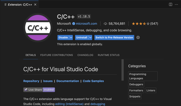 Unreal Engine with Neovim: Scrren capture shows the C/C++ extension by Microsoft preview in the V S Code extensions view. Current version is v.1.18.5 and there have been around 59 million downloads.