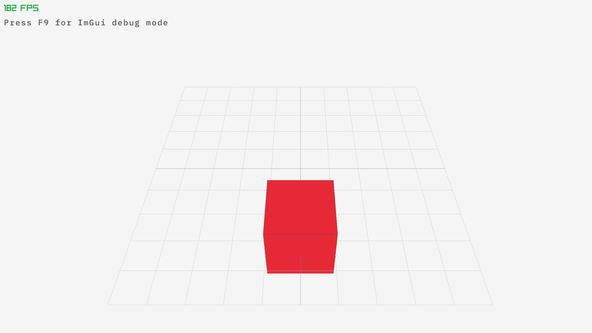 Using raylib with Dear ImGui: screen capture shows a red cube sitting on a large wireframe grid, in the centre of the screen. At the top, left there is a rendering frames per second readout. Below that, text reads 'Press F 9 for I m G u i debug mode'.